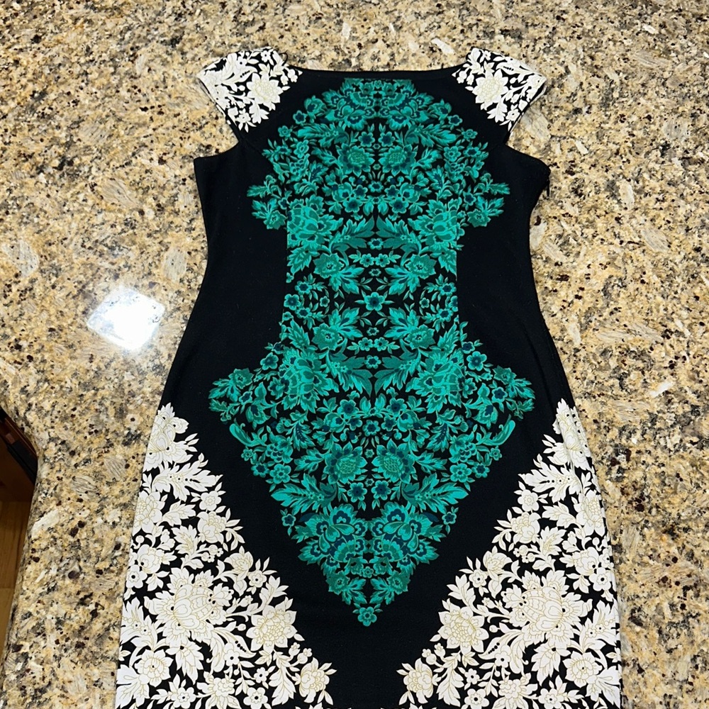 London Times Black and Teal Floral midi sheath Dress